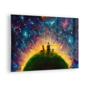 Quadro em vidro - Uma figura com uma raposa em um planeta sob um céu estrelado - 70x50cm - Amor e amizade - o mundo inteiro - Decoração de parede moderna para a sala de estar e quarto ARTTOR