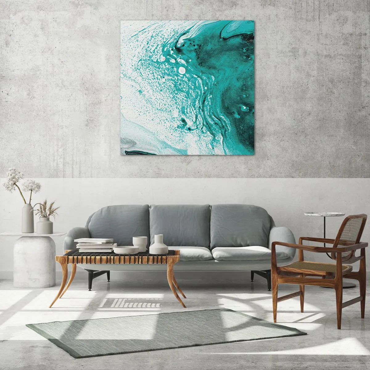 Quadro em vidro - Derreter a branco e turquesa - 30x30 cm