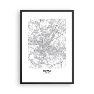 Pôster com moldura preta - Mapa preto e branco de Roma com ruas e monumentos detalhados - 50x70cm - Círculo romano - Decoração de parede moderna para a sala de estar e quarto ARTTOR