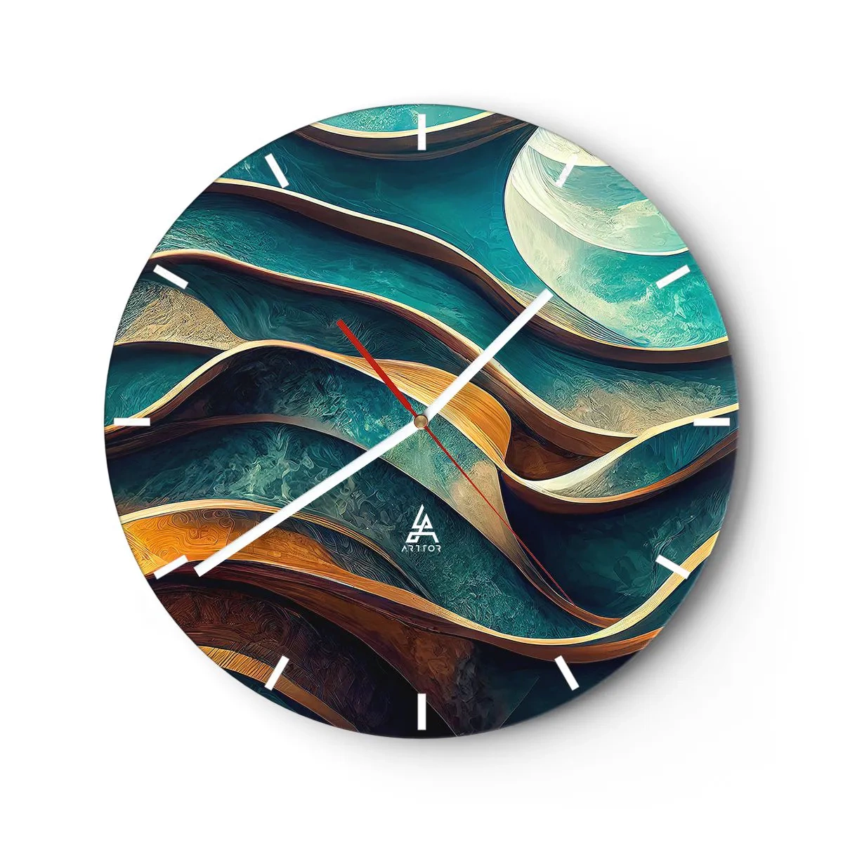 Relógio de parede - Relógio em vidro - Ondas abstratas de azul e marrom com efeito 3D - 30x30cm - Meandros de azul - Decoração de parede moderna para a sala de estar, cozinha e quarto ARTTOR