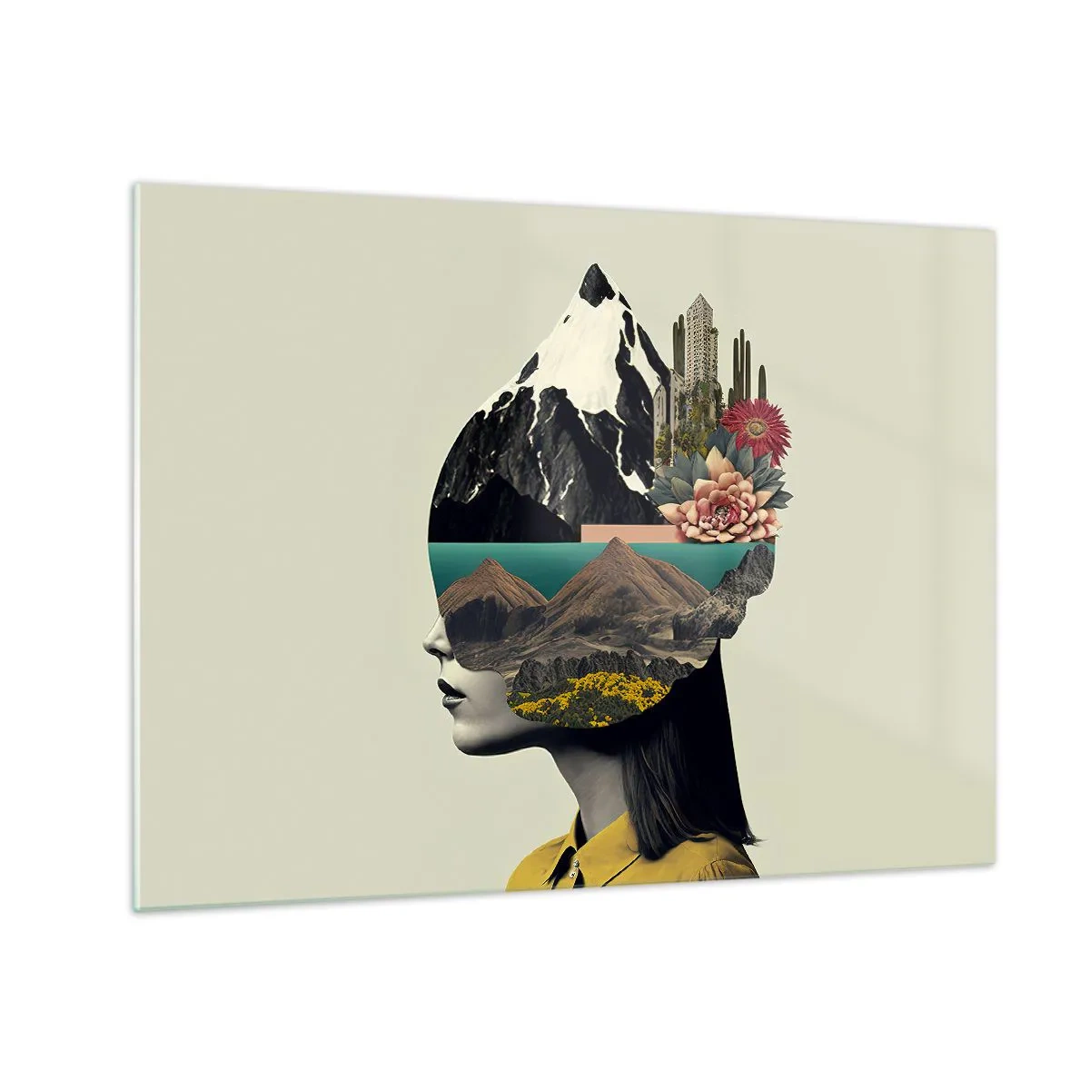 Quadro em vidro - Silhueta de uma mulher com uma paisagem de montanha e flora na cabeça - 70x50cm - Mulher – sempre um mistério - Decoração de parede moderna para a sala de estar e quarto ARTTOR
