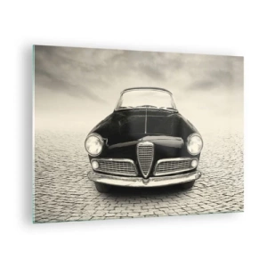 Quadro em vidro - Carro clássico em estrada de paralelepípedos em preto e branco - 70x50cm - E como não me amar? - Decoração de parede moderna para a sala de estar e quarto ARTTOR