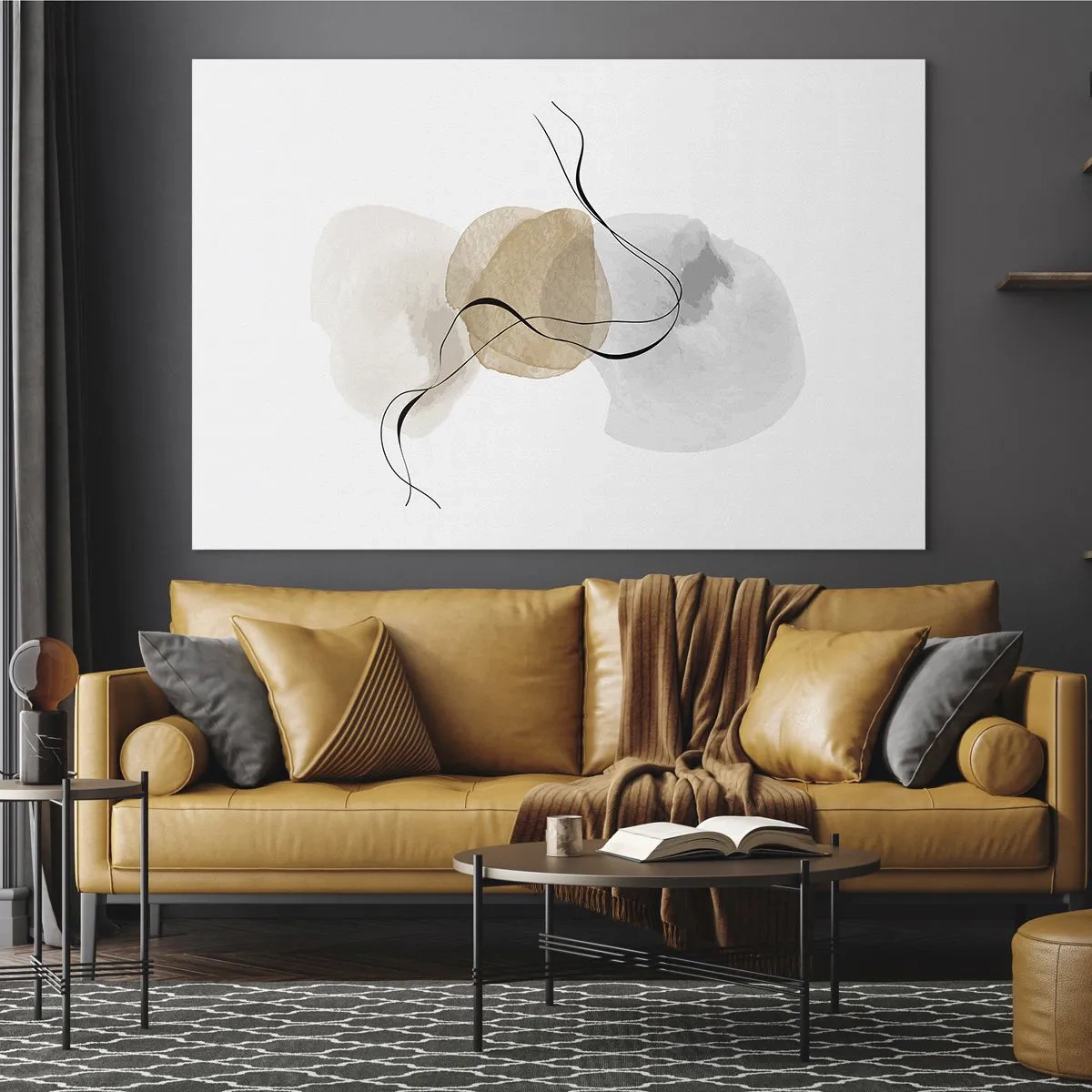 Quadro em vidro - Uma abstração sutil com manchas pastéis e linhas pretas. - 70x50cm - Contas ao vento - Decoração de parede moderna para a sala de estar e quarto ARTTOR