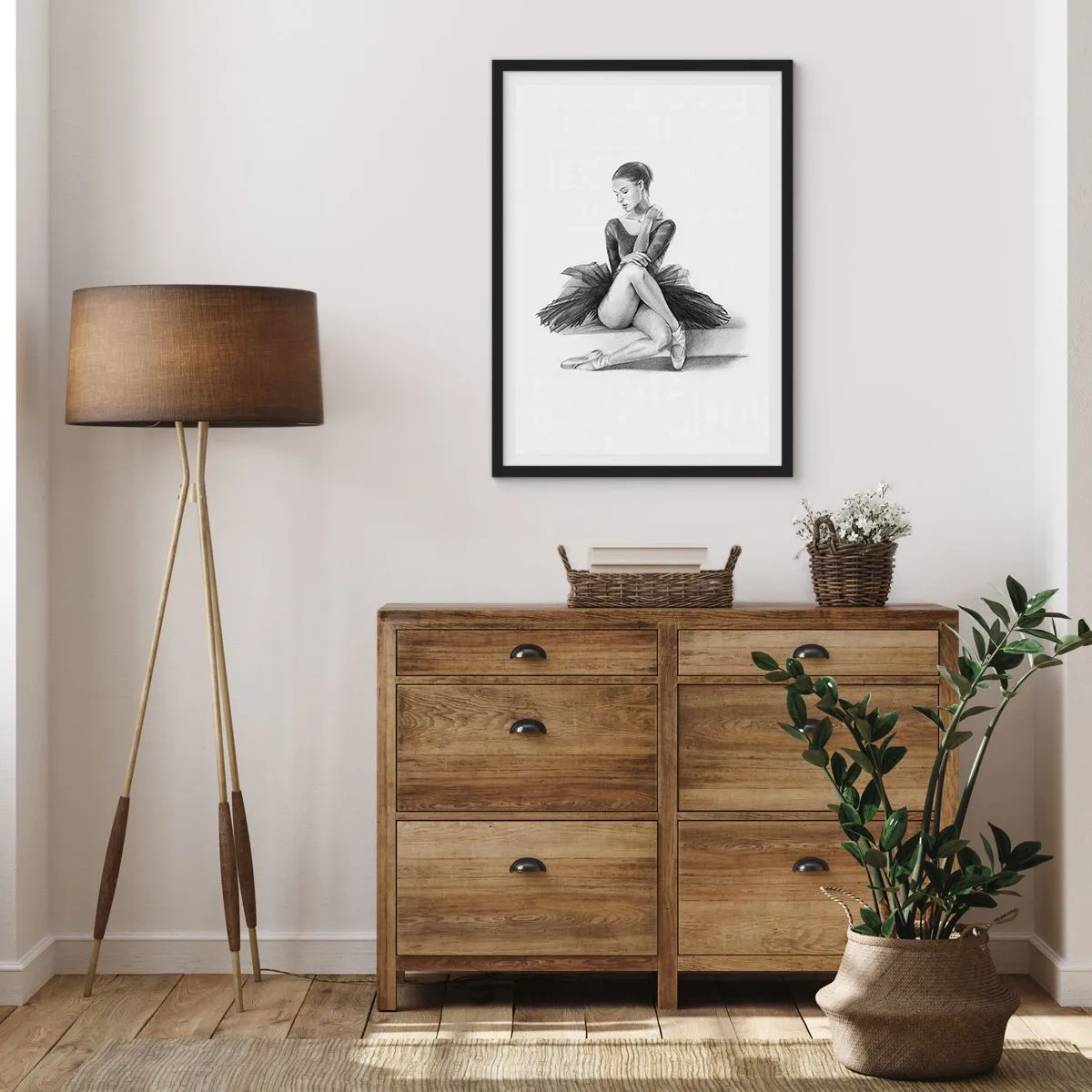 Pôster com moldura preta - Esboço de uma bailarina sentada em repouso - 50x70cm - Encantada pela dança - Decoração de parede moderna para a sala de estar e quarto ARTTOR