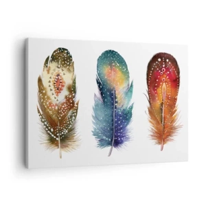 Quadro em tela - Três penas coloridas com padrões artísticos em um fundo claro - 70x50cm - Rituais, ritos, mistérios - Decoração de parede moderna para a sala de estar e quarto ARTTOR