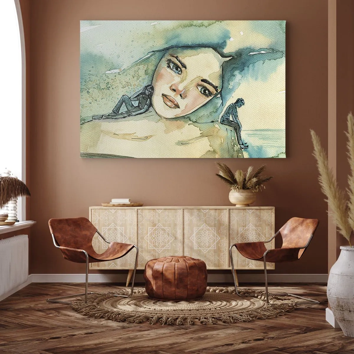 Quadro em tela - Aquarela de rosto de mulher com motivo reflexivo - 70x50cm - Am I blue? - Decoração de parede moderna para a sala de estar e quarto ARTTOR