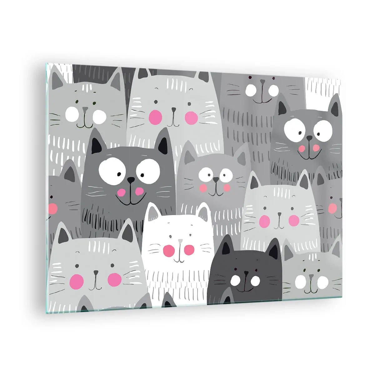Quadro em vidro - Gatos engraçados em cores cinza sobre fundo branco - 70x50cm - O mundo dos gatos - Decoração de parede moderna para a sala de estar e quarto ARTTOR