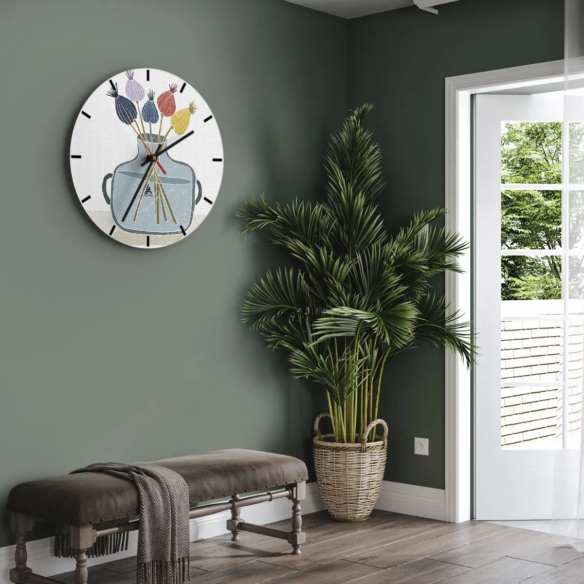 Relógio de parede - Relógio em vidro - Obra de arte decorativa com vaso e flores secas - 30x30cm - Como semeou a papoula - Decoração de parede moderna para a sala de estar, cozinha e quarto ARTTOR