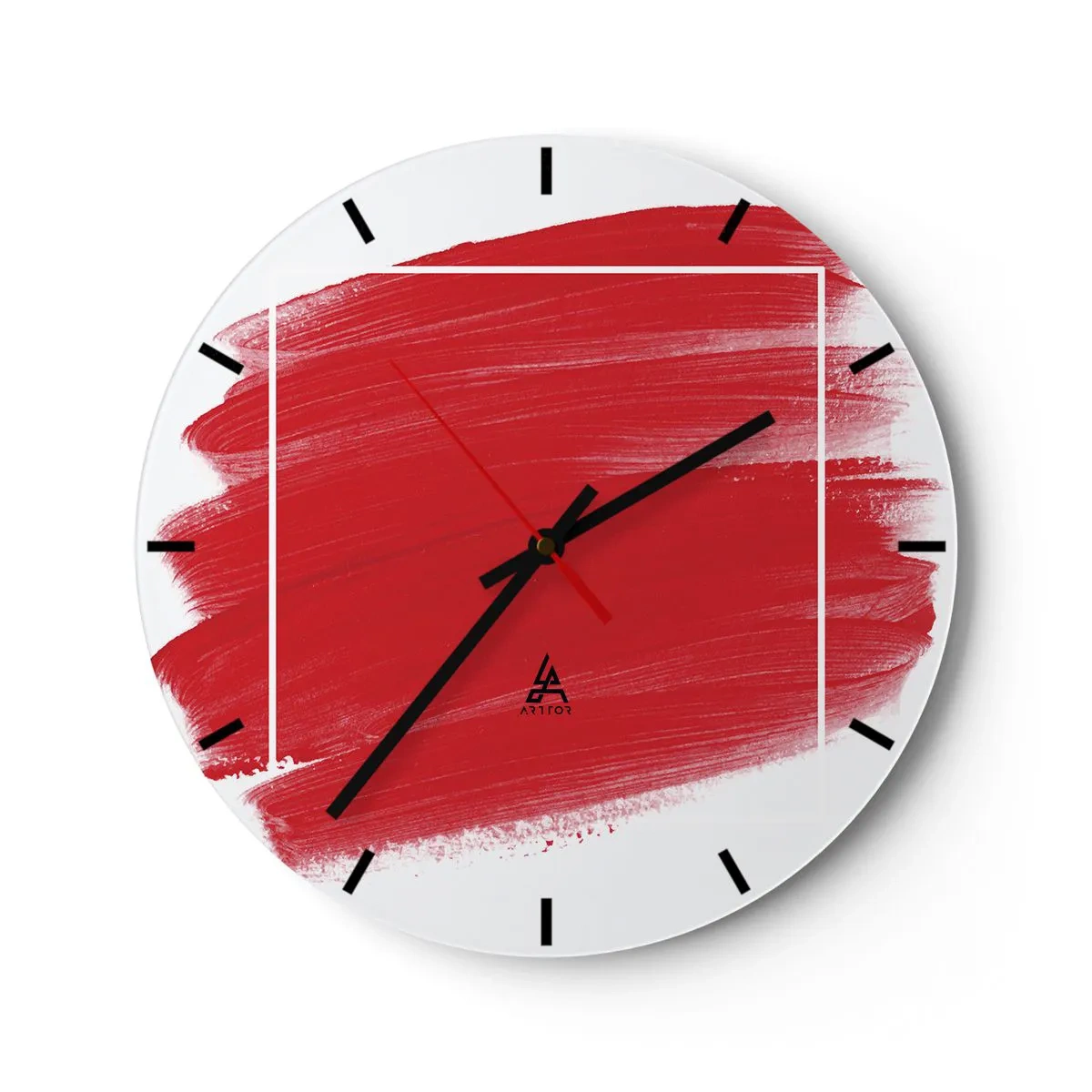 Relógio de parede - Relógio em vidro - Pincelada vermelha cruzando uma borda branca - 30x30cm - Fora do quadro - Decoração de parede moderna para a sala de estar, cozinha e quarto ARTTOR