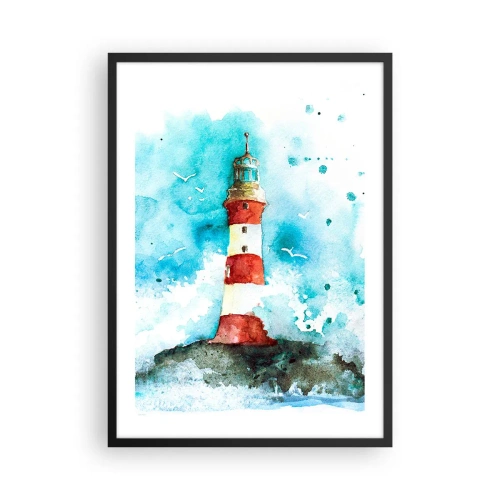 Pôster com moldura preta - Farol em estilo aquarela com ondas do mar - 50x70cm - Unidade dos elementos da natureza - Decoração de parede moderna para a sala de estar e quarto ARTTOR