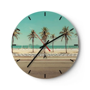 Relógio de parede - Relógio em vidro - Palmeiras e uma praia com calçadão à beira do mar azul-turquesa - 30x30cm - Em guarda da praia - Decoração de parede moderna para a sala de estar, cozinha e quarto ARTTOR