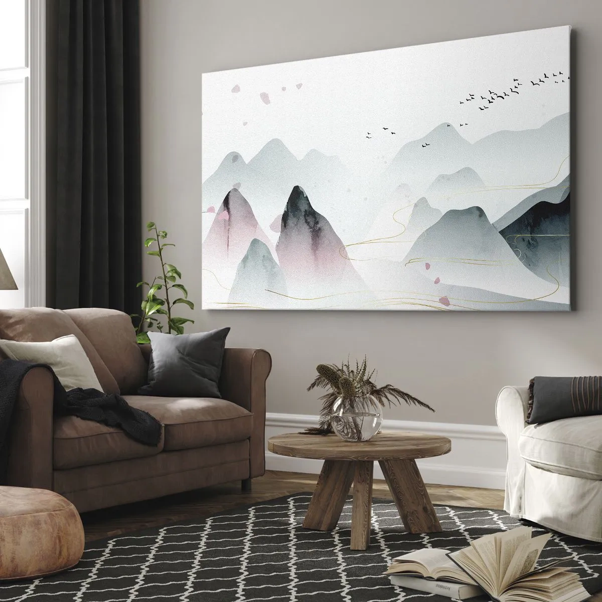 Quadro em tela - Montanhas abstratas em tons pastéis - 70x50cm - Acima dos picos - Decoração de parede moderna para a sala de estar e quarto ARTTOR