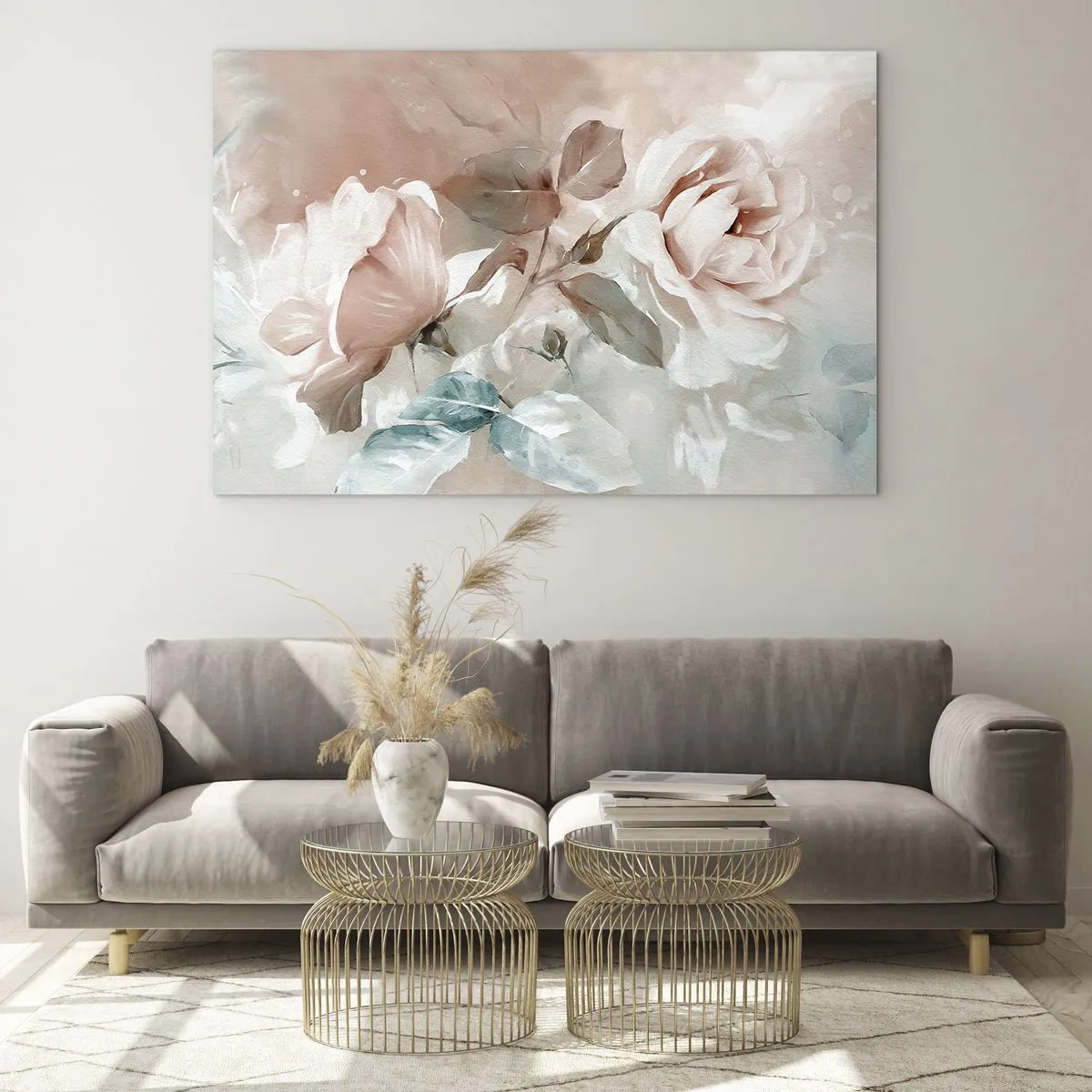 Quadro em vidro - Delicadas rosas em aquarela pastel sobre fundo claro - 70x50cm - O espírito do romantismo - Decoração de parede moderna para a sala de estar e quarto ARTTOR