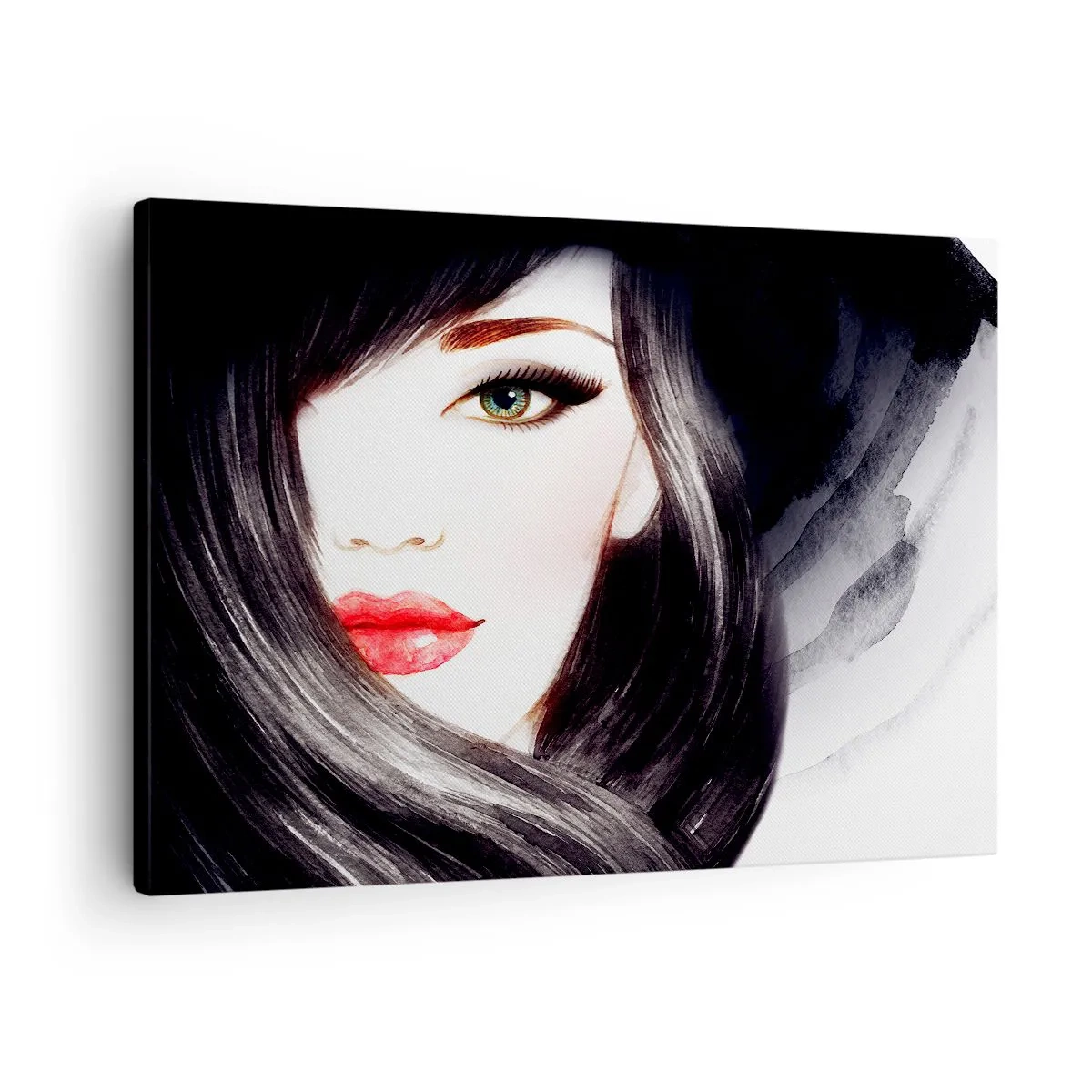 Quadro em tela - Retrato de uma mulher com olhar expressivo e lábios vermelhos - 70x50cm - Olhar de safira - Decoração de parede moderna para a sala de estar e quarto ARTTOR