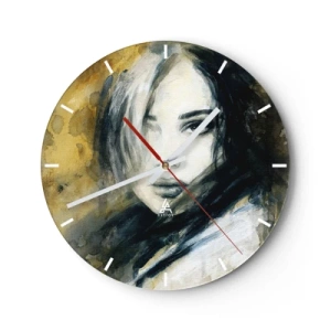 Relógio de parede - Relógio em vidro - Retrato de uma mulher em estilo artístico em tons de dourado e preto - 30x30cm - Mais inocente ou sensual? - Decoração de parede moderna para a sala de estar, cozinha e quarto ARTTOR