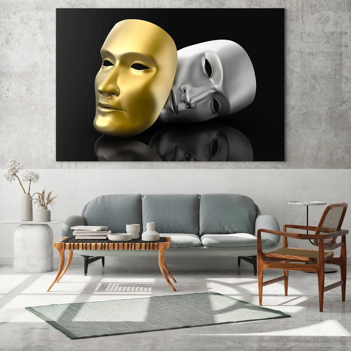 Quadro em vidro - Máscara de ouro e prata em fundo preto - 70x50cm - A vida é um teatro - Decoração de parede moderna para a sala de estar e quarto ARTTOR
