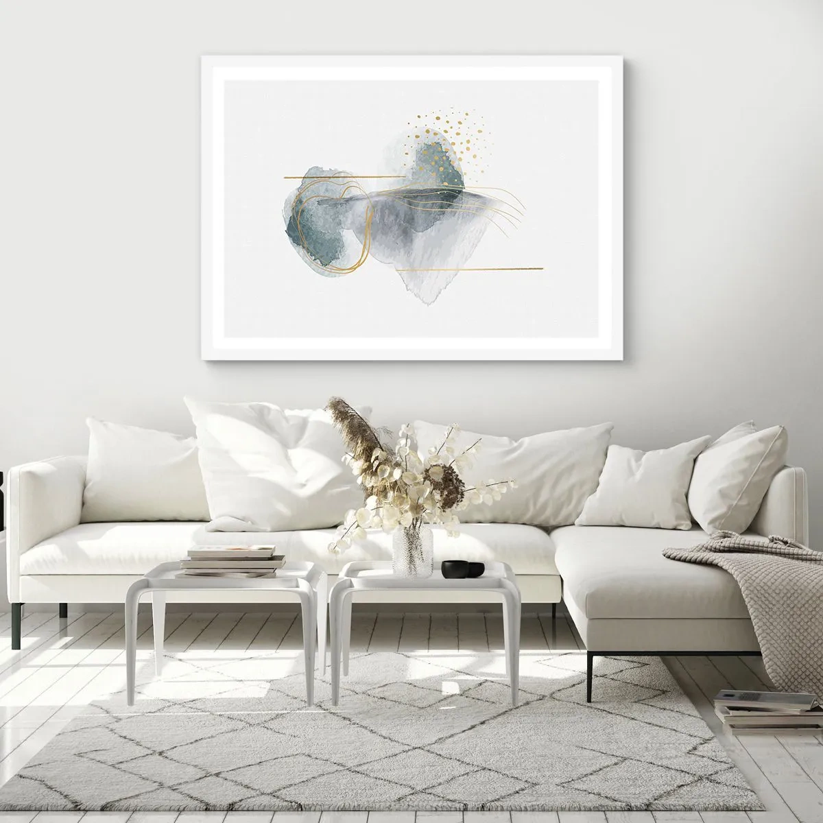 Pôster em moldura branca - Sobre a relação entre o cinza e o dourado - 100x70 cm