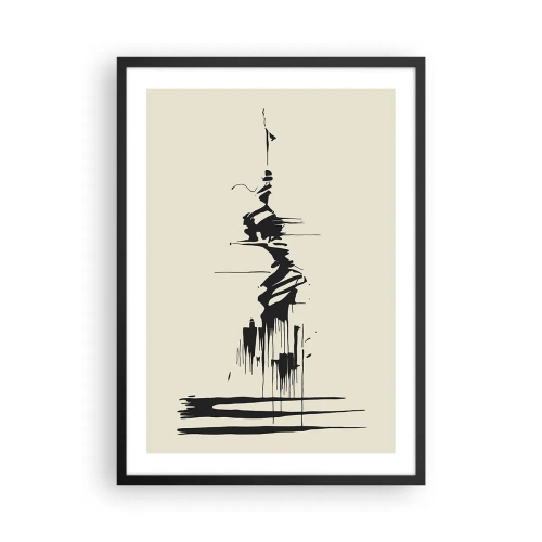 Pôster com moldura preta - Um desenho abstrato de uma figura sobre um fundo de linhas onduladas. - 50x70cm - Abstração apressada - Decoração de parede moderna para a sala de estar e quarto ARTTOR
