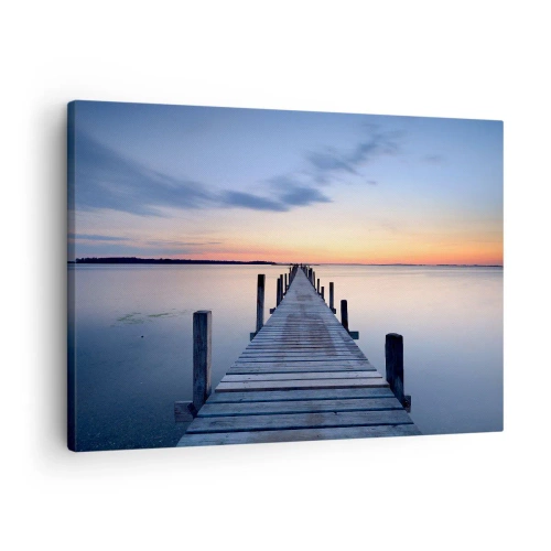 Quadro em tela - Cais de madeira no lago ao pôr do sol - 70x50cm - A calma de um crepúsculo sereno - Decoração de parede moderna para a sala de estar e quarto ARTTOR