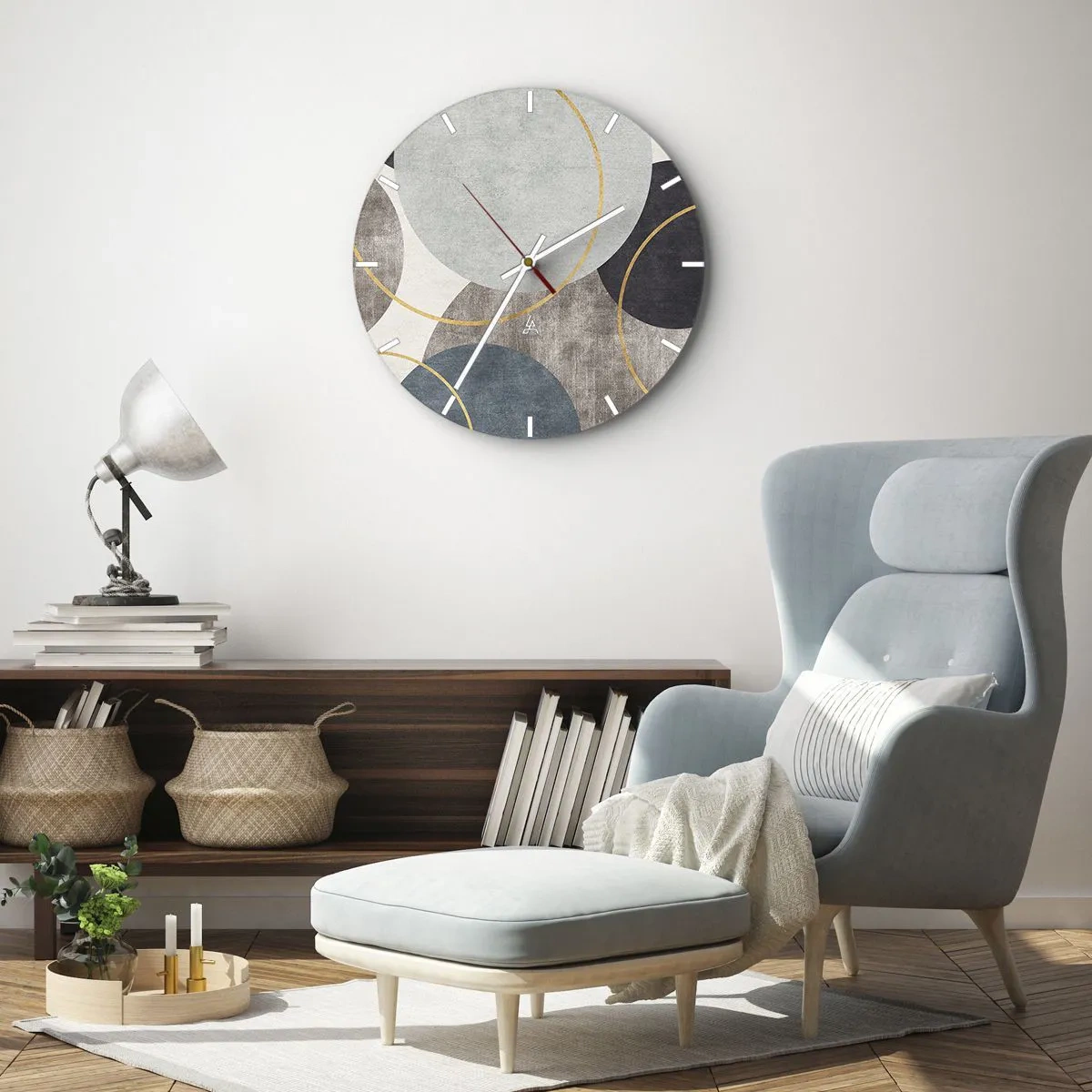 Relógio de parede - Relógio em vidro - Uma composição elegante de círculos e arcos em cores suaves. - 30x30cm - Roda por roda - Decoração de parede moderna para a sala de estar, cozinha e quarto ARTTOR