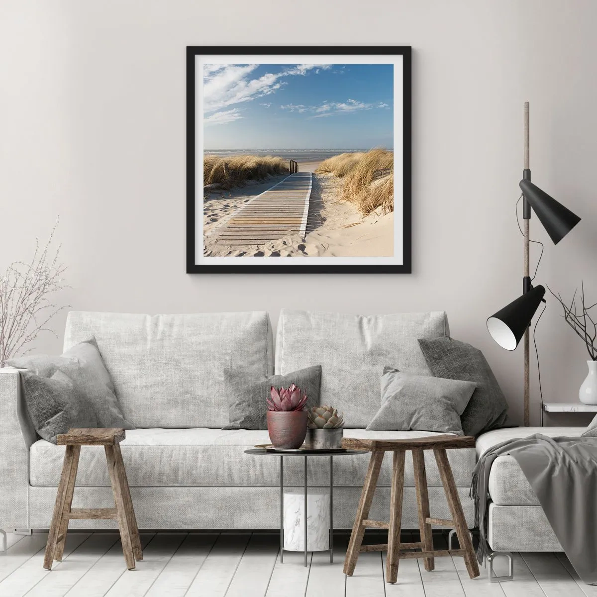 Pôster com moldura preta - Atrás da duna, ao som da relva - 40x40 cm