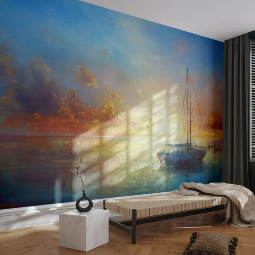 Papel de Parede Premium Canvas - Na baía dourada - Barco a vela, Paisagem, Mar - 250x175 cm