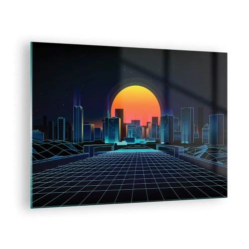 Quadro em vidro - Panorama futurista da cidade com pôr do sol - 70x50cm - Ainda quer ir para o mundo real? - Decoração de parede moderna para a sala de estar e quarto ARTTOR