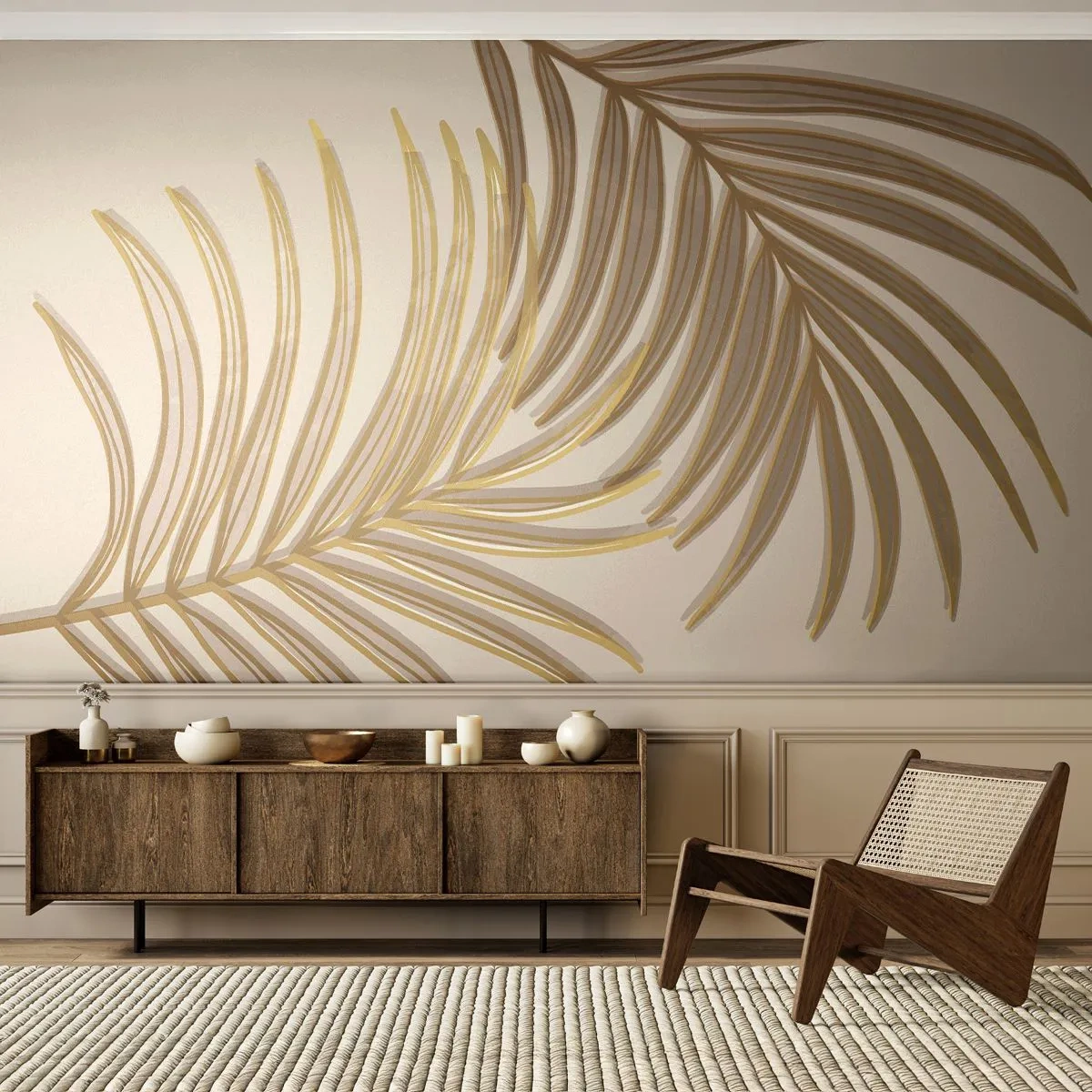 Papel de Parede Autocolante Deluxe Sticker - Palma de Ouro! - Abstração, Folha de palmeira, Gráficos - 250x175 cm