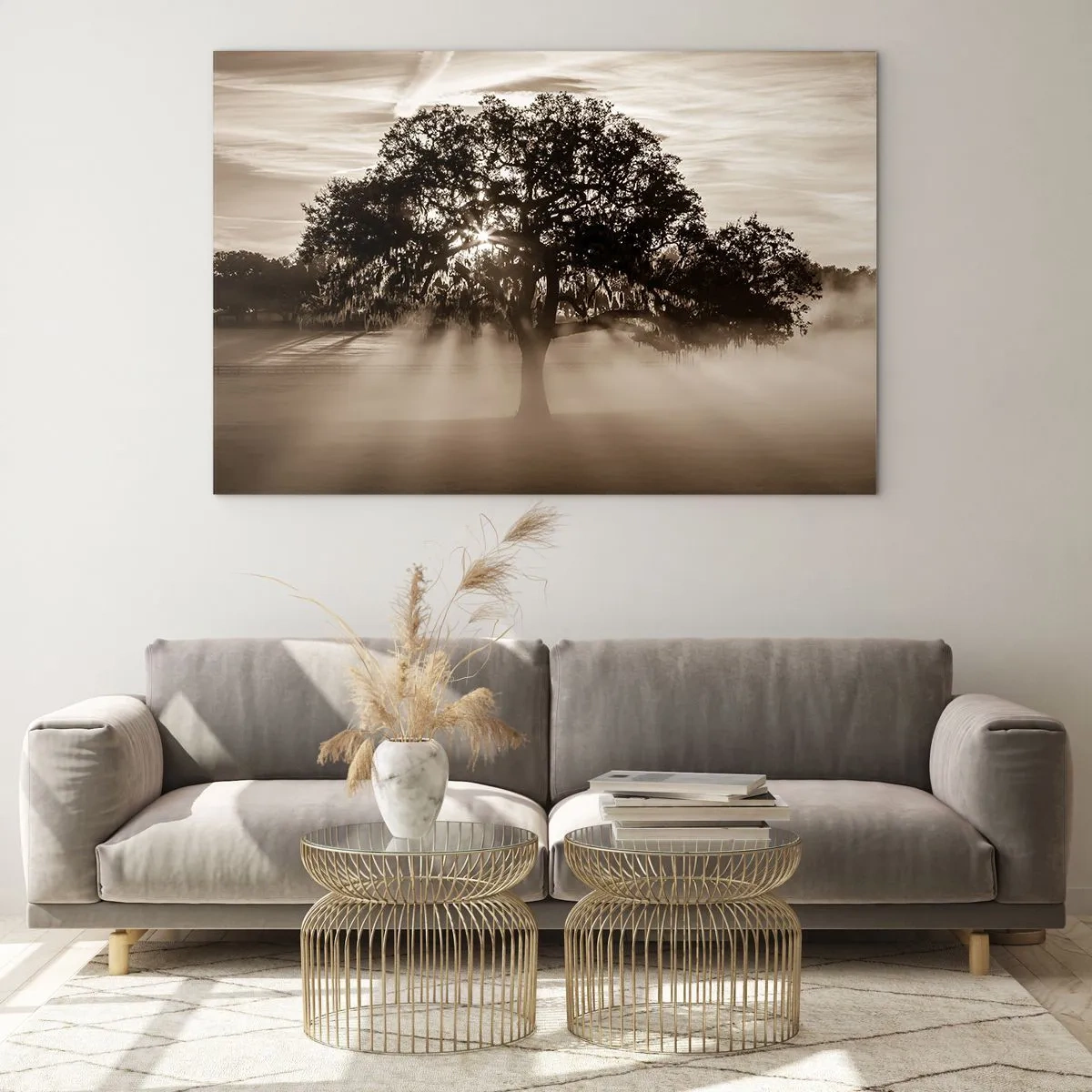 Quadro em vidro - Uma árvore na névoa da manhã com raios de sol brilhando através dos galhos - 70x50cm - Uma árvore só de boas notícias - Decoração de parede moderna para a sala de estar e quarto ARTTOR