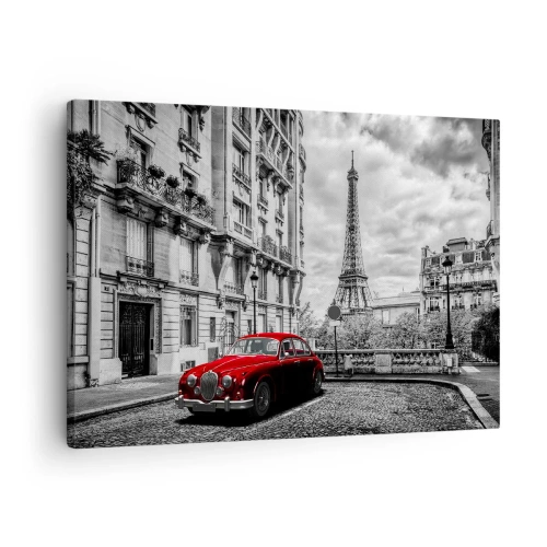 Quadro em tela - Um carro vermelho com a Torre Eiffel ao fundo em um cenário preto e branco - 70x50cm - Predador na cidade - Decoração de parede moderna para a sala de estar e quarto ARTTOR