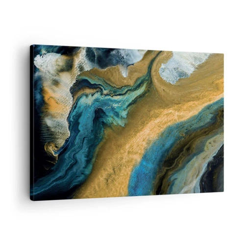 Quadro em tela - Ondas abstratas em tons de dourado e azul - 70x50cm - Azul – amarelo – influências mútuas - Decoração de parede moderna para a sala de estar e quarto ARTTOR