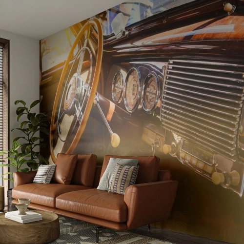 Papel de Parede Standard Eco - Interior de carro clássico com acabamento em madeira - 100x70cm - Um sopro de luxo do passado - Decoração de parede moderna para a sala de estar e quarto ARTTOR