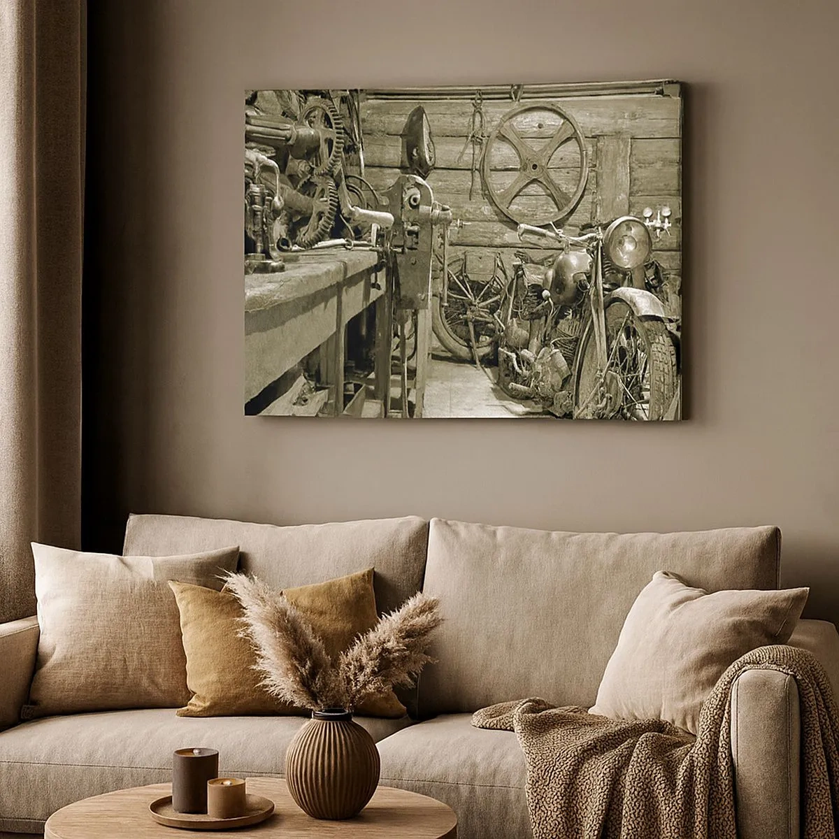 Quadro em tela - Oficina retrô com motocicletas e ferramentas - 70x50cm - No depósito do tio Jorge - Decoração de parede moderna para a sala de estar e quarto ARTTOR