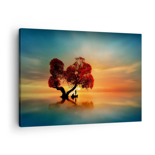 Quadro em tela - Uma árvore de folhas vermelhas e um barco na água ao pôr do sol - 70x50cm - A distância e o silêncio do mundo - Decoração de parede moderna para a sala de estar e quarto ARTTOR