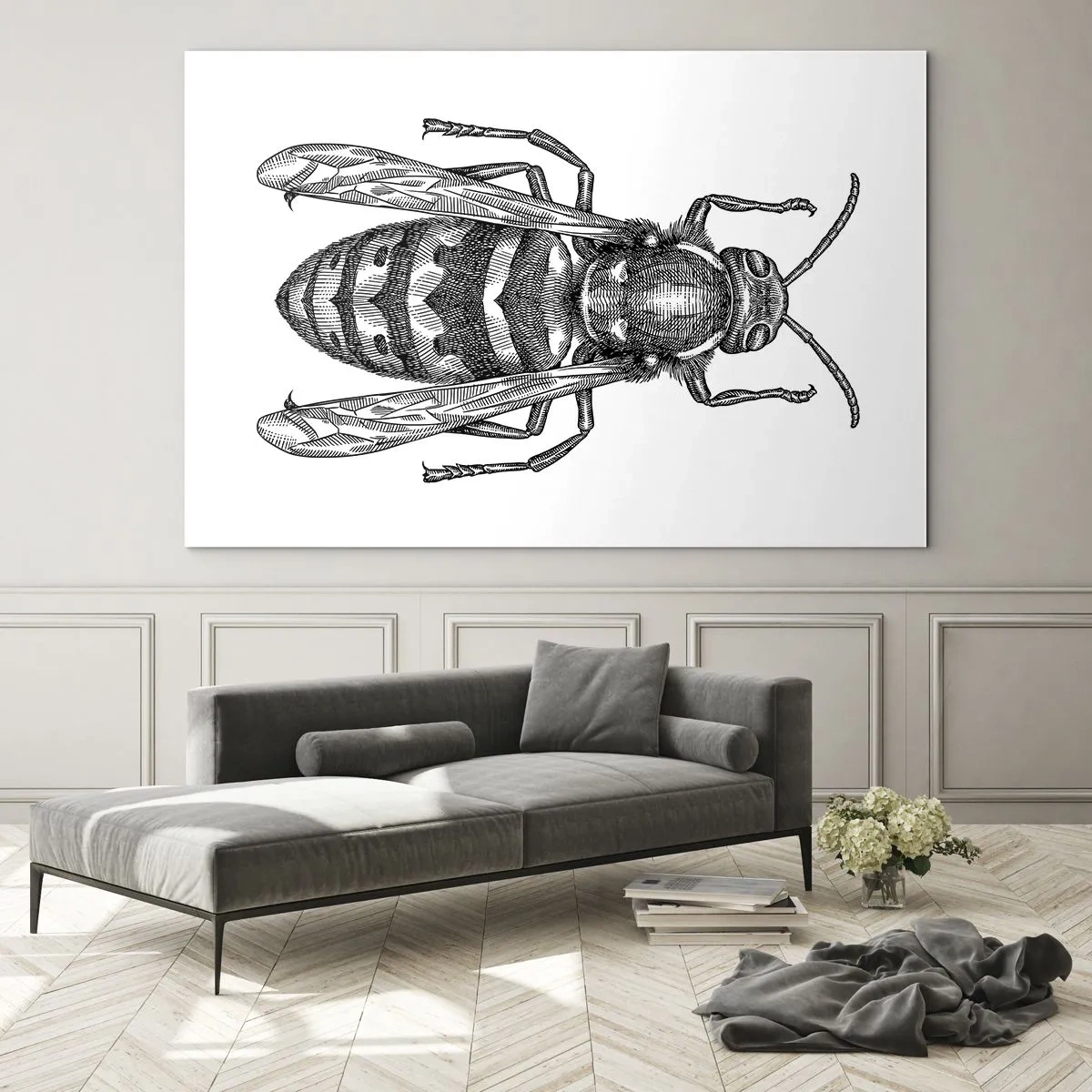 Quadro em vidro - Ilustração retrô em preto e branco de uma vespa em um fundo branco - 70x50cm - De um planeta de insetos - Decoração de parede moderna para a sala de estar e quarto ARTTOR