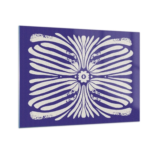 Quadro em vidro - Padrão étnico simétrico em fundo roxo - 70x50cm - Inspirações étnicas - Decoração de parede moderna para a sala de estar e quarto ARTTOR
