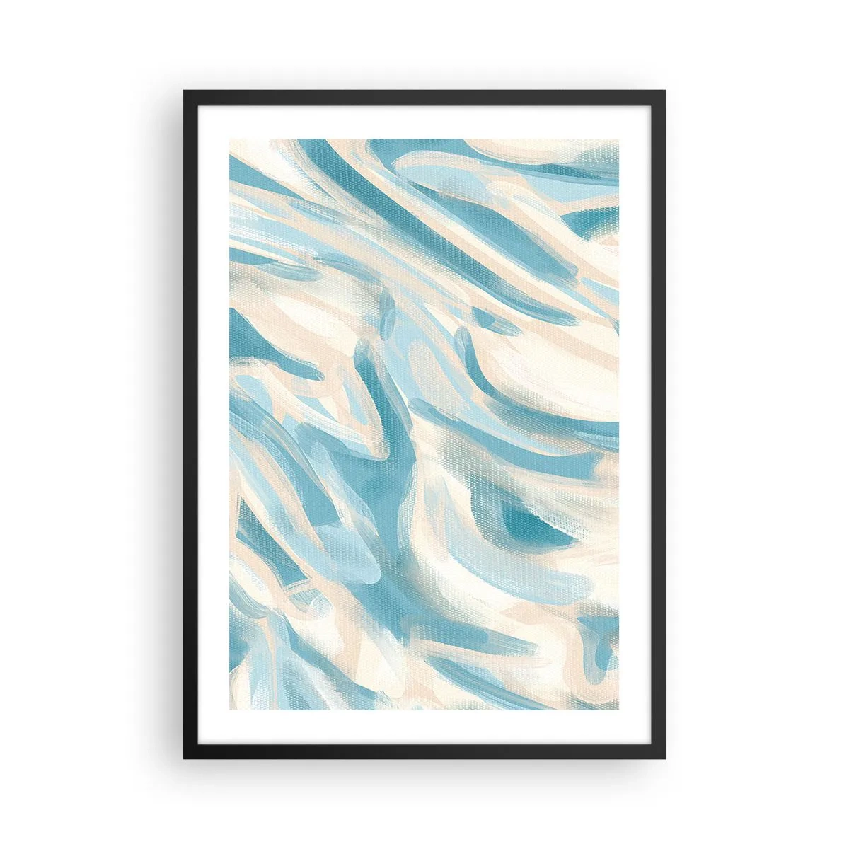 Pôster com moldura preta - Ondas abstratas em tons de azul e bege - 50x70cm - Brisas de primavera - Decoração de parede moderna para a sala de estar e quarto ARTTOR