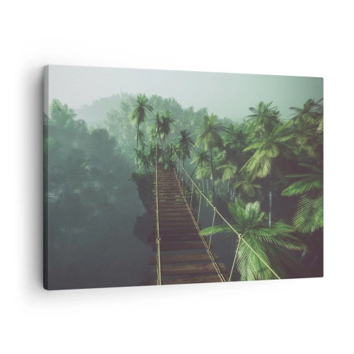 Quadro em tela - Uma ponte suspensa em uma floresta tropical cercada por neblina. - 70x50cm - Sobre o verde fervente - Decoração de parede moderna para a sala de estar e quarto ARTTOR