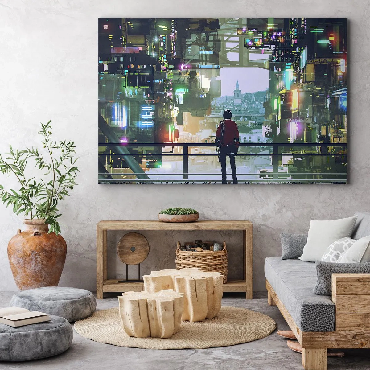 Quadro em tela - Uma figura em uma cidade futurista com luzes de neon - 70x50cm - Dois mundos - Decoração de parede moderna para a sala de estar e quarto ARTTOR