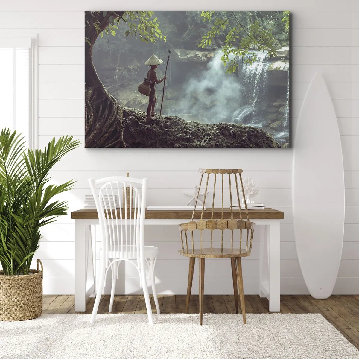 Quadro em tela - Uma figura com uma lança em uma cachoeira em uma floresta tropical - 70x50cm - Amigo da natureza - Decoração de parede moderna para a sala de estar e quarto ARTTOR