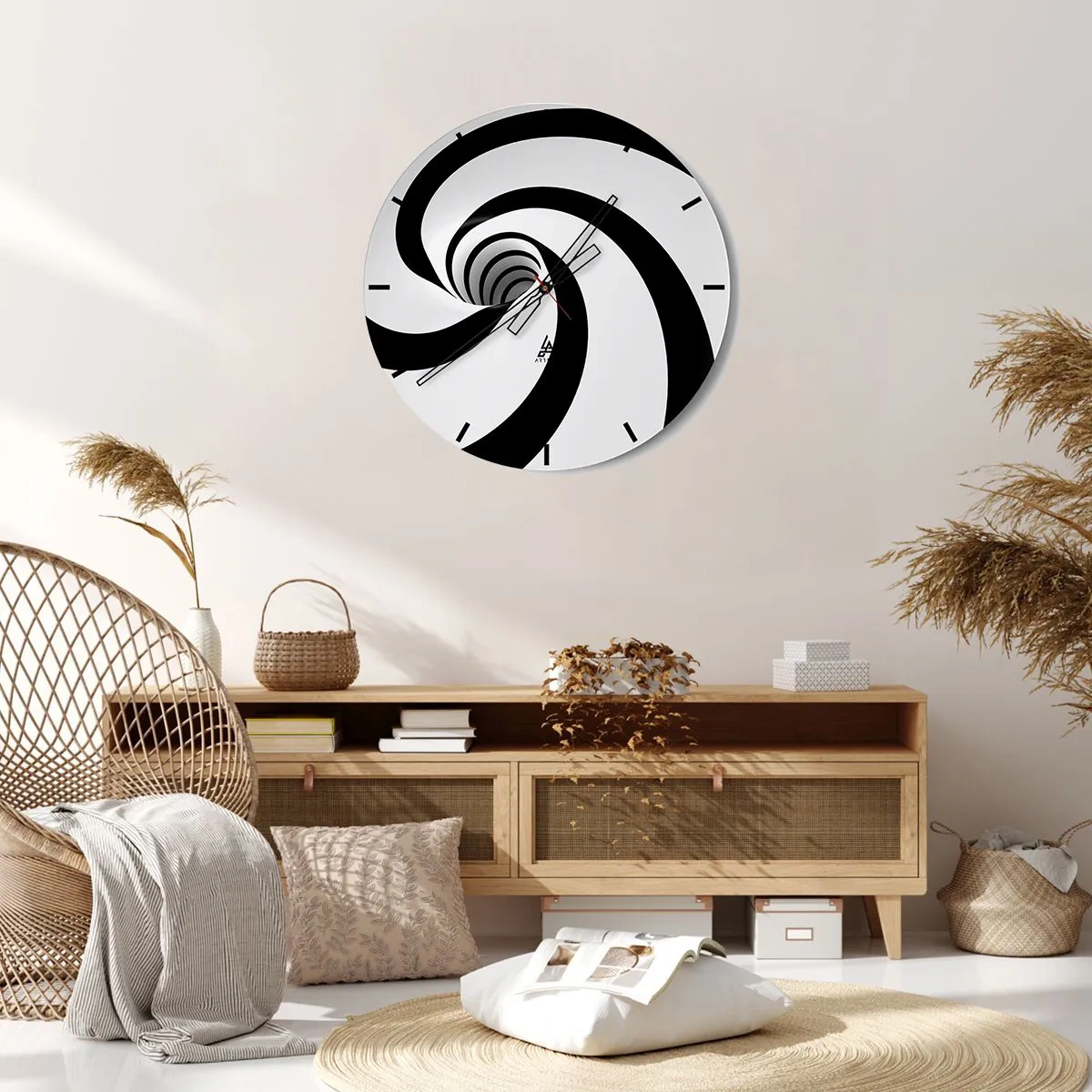 Relógio de parede - Relógio em vidro - Espiral dinâmica em preto e branco - 30x30cm - Deixar levar-se pelo vórtice - Decoração de parede moderna para a sala de estar, cozinha e quarto ARTTOR