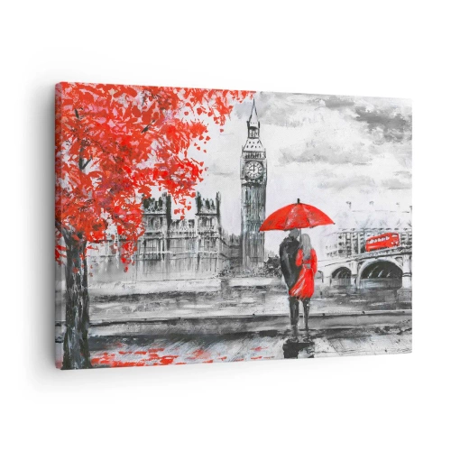 Quadro em tela - Cena romântica com o Big Ben e um guarda-chuva vermelho - 70x50cm - Apaixonados em Londres - Decoração de parede moderna para a sala de estar e quarto ARTTOR