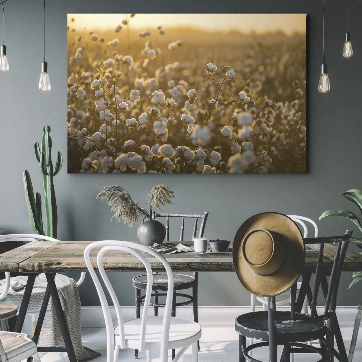Quadro em tela - Um campo de algodão sob a luz quente do pôr do sol - 70x50cm - Campo macio - Decoração de parede moderna para a sala de estar e quarto ARTTOR