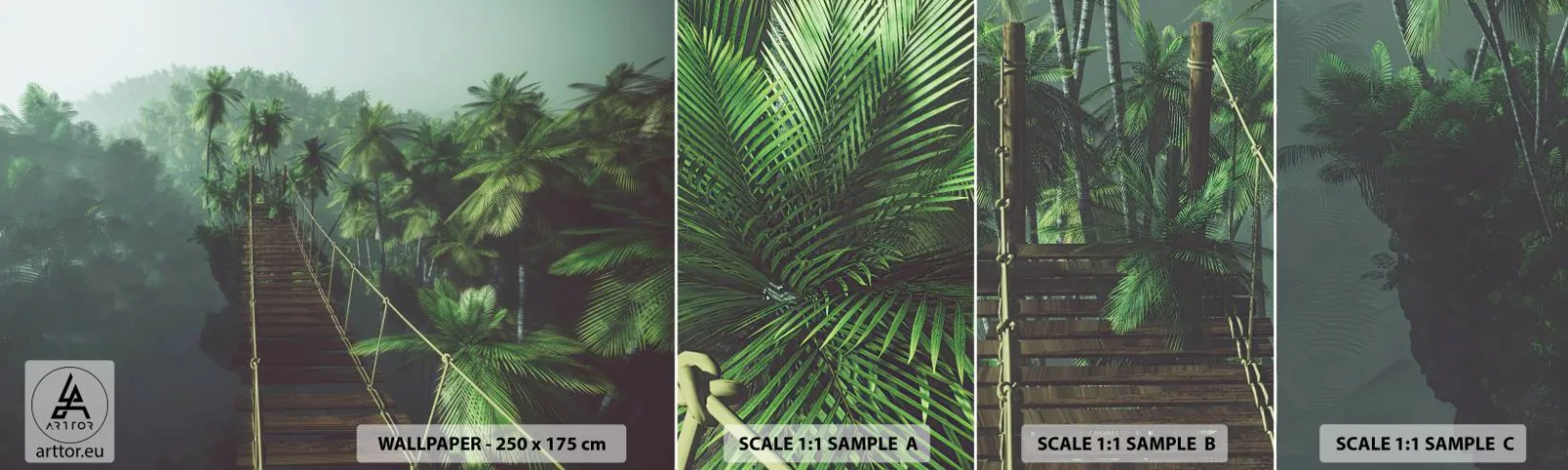 Amostra de papel de parede autocolante Deluxe Sticker - Sobre o verde fervente - Paisagem, Selva, Coqueiro - 100x30 cm