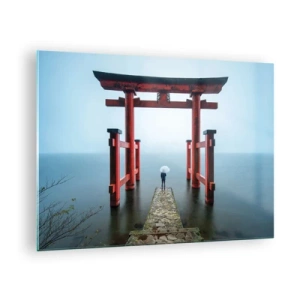 Quadro em vidro - Um torii vermelho sobre águas calmas em um ambiente enevoado - 70x50cm - Devaneio japonês - Decoração de parede moderna para a sala de estar e quarto ARTTOR