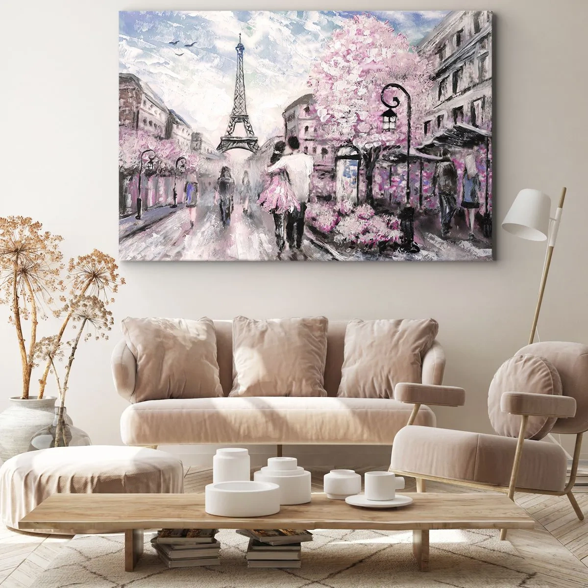 Quadro em tela - Um passeio romântico em Paris pela Torre Eiffel - 70x50cm - Como for se apaixonar, somente em... - Decoração de parede moderna para a sala de estar e quarto ARTTOR