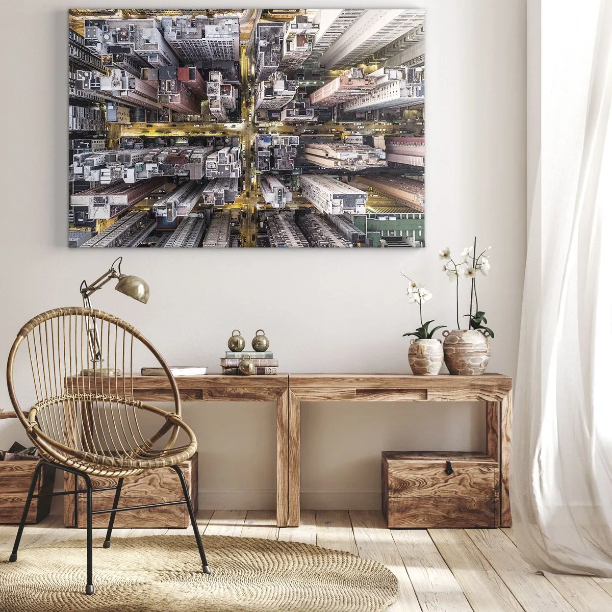 Quadro em tela - Uma vista aérea de uma cidade cheia de arranha-céus - 70x50cm - Saudações de Hong Kong - Decoração de parede moderna para a sala de estar e quarto ARTTOR