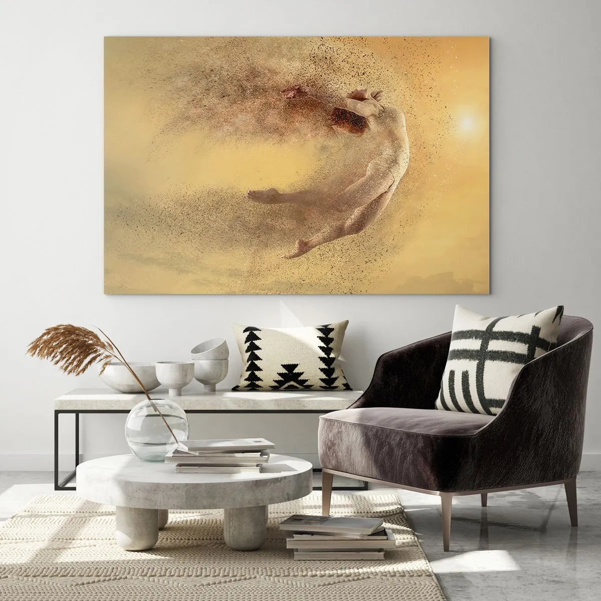 Quadro em vidro - Uma dançarina em uma composição dinâmica contra um fundo dourado - 70x50cm - Na exultação da dança - Decoração de parede moderna para a sala de estar e quarto ARTTOR