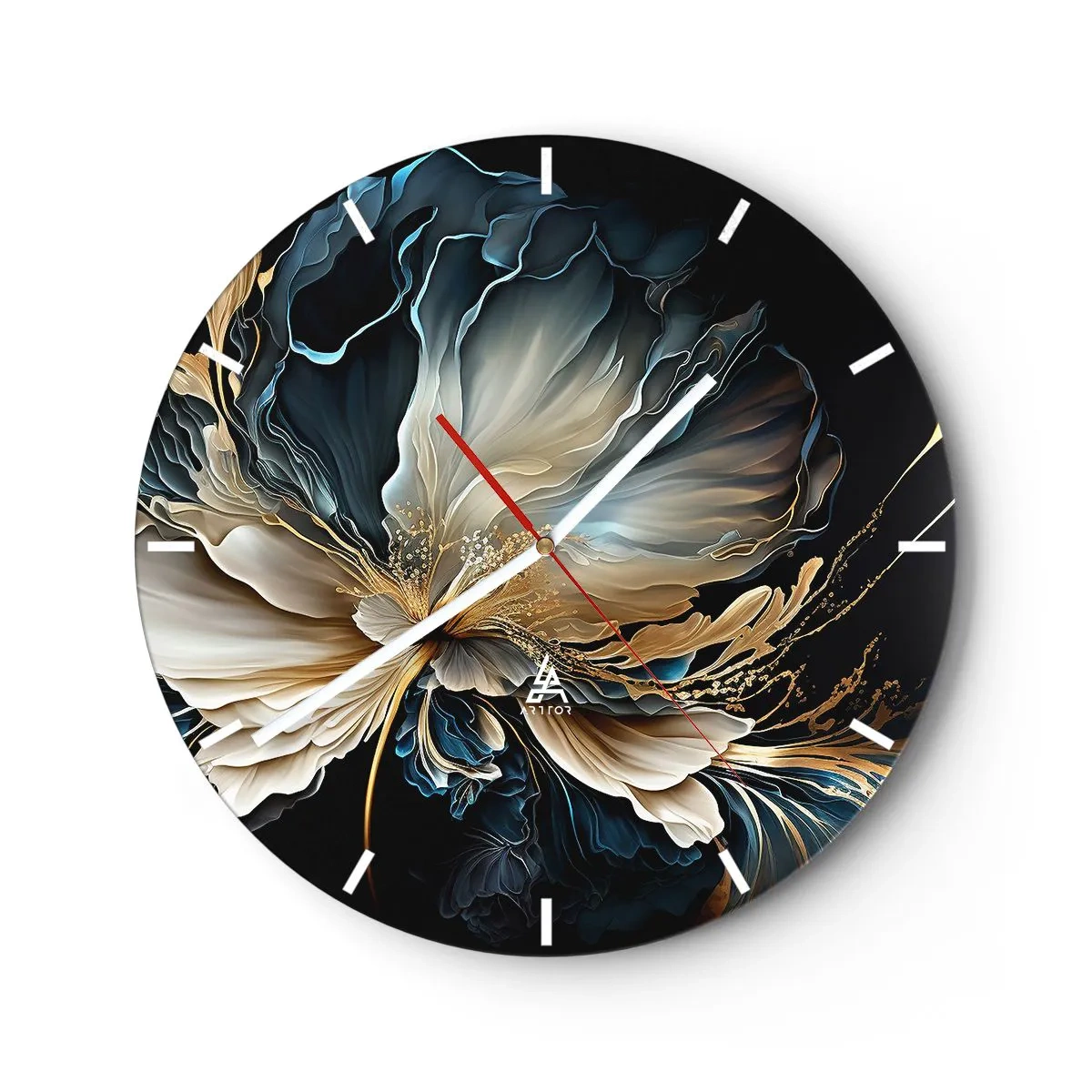 Relógio de parede - Relógio em vidro - Uma flor elegante com formas fluidas em dourado e azul marinho. - 30x30cm - Flor de samambaia de conto de fadas - Decoração de parede moderna para a sala de estar, cozinha e quarto ARTTOR