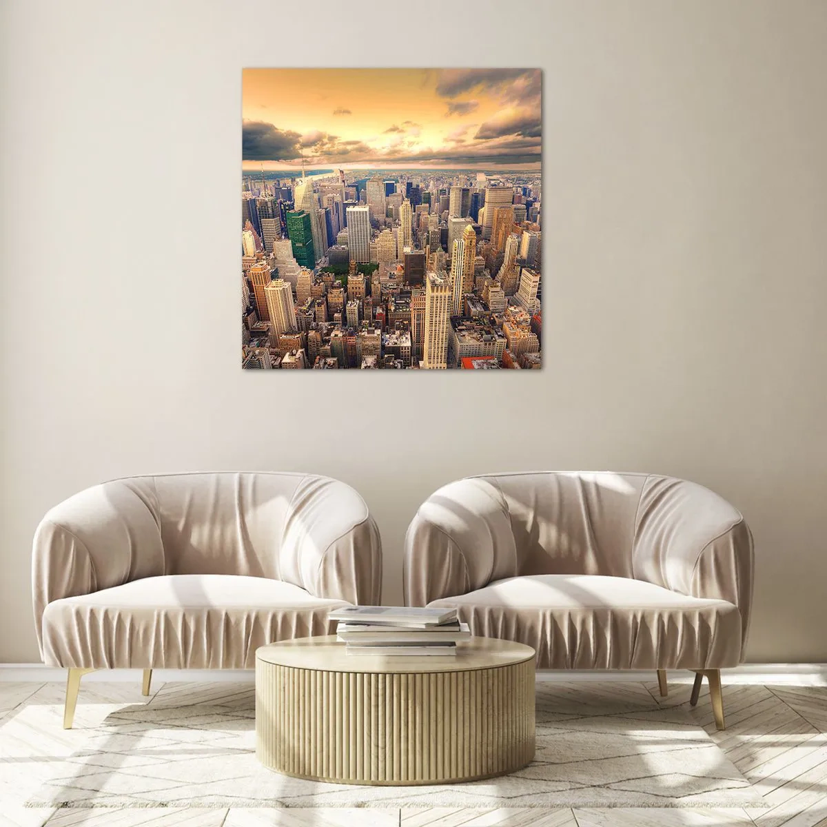 Quadro em vidro - Metrópole dourada - 50x50 cm